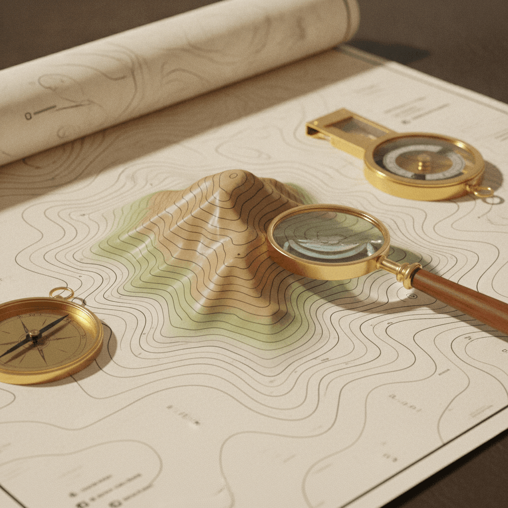 Ilustração editorial de mapa topográfico com curvas de nível, modelo 3D do relevo, lupa e bússola.