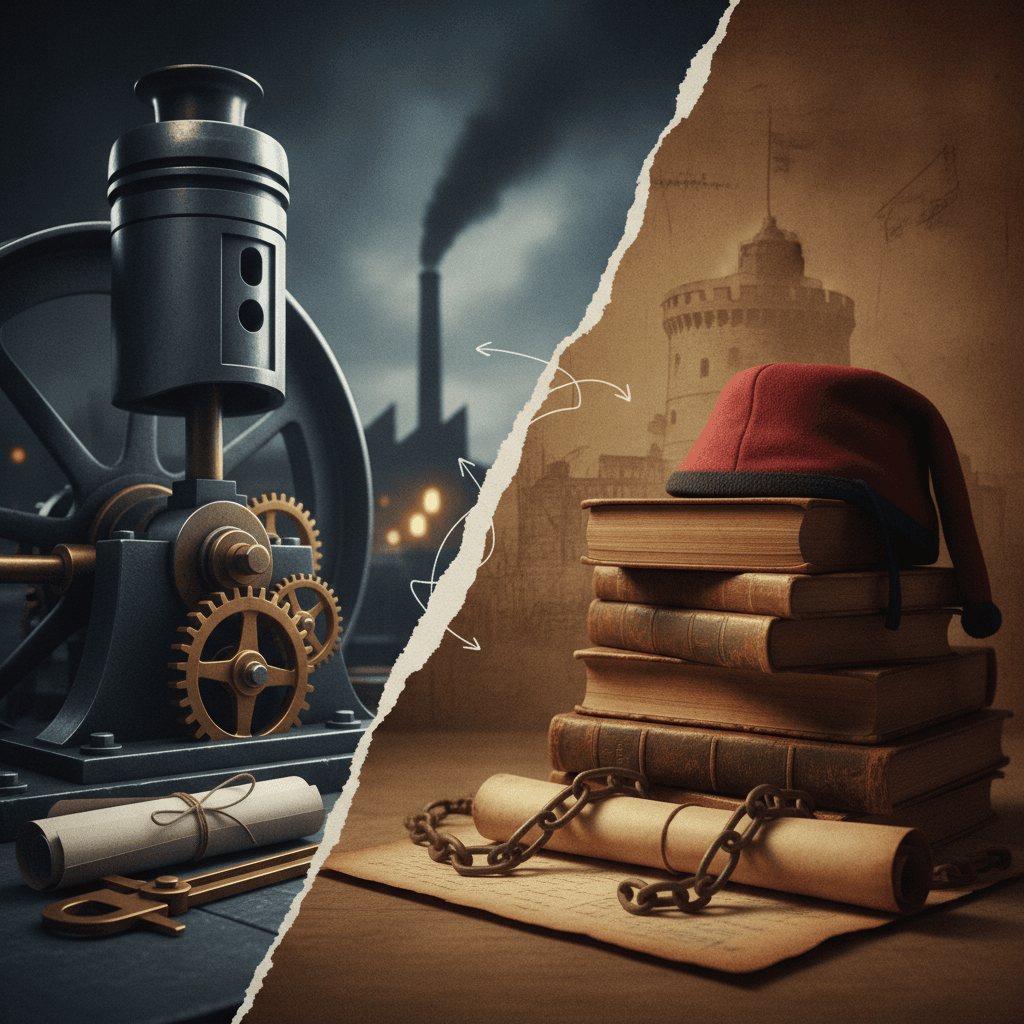Ilustração editorial comparando Revolução Industrial (máquina a vapor e engrenagens) com Revolução Francesa (boné frígio, correntes quebradas, silhueta da Bastilha).