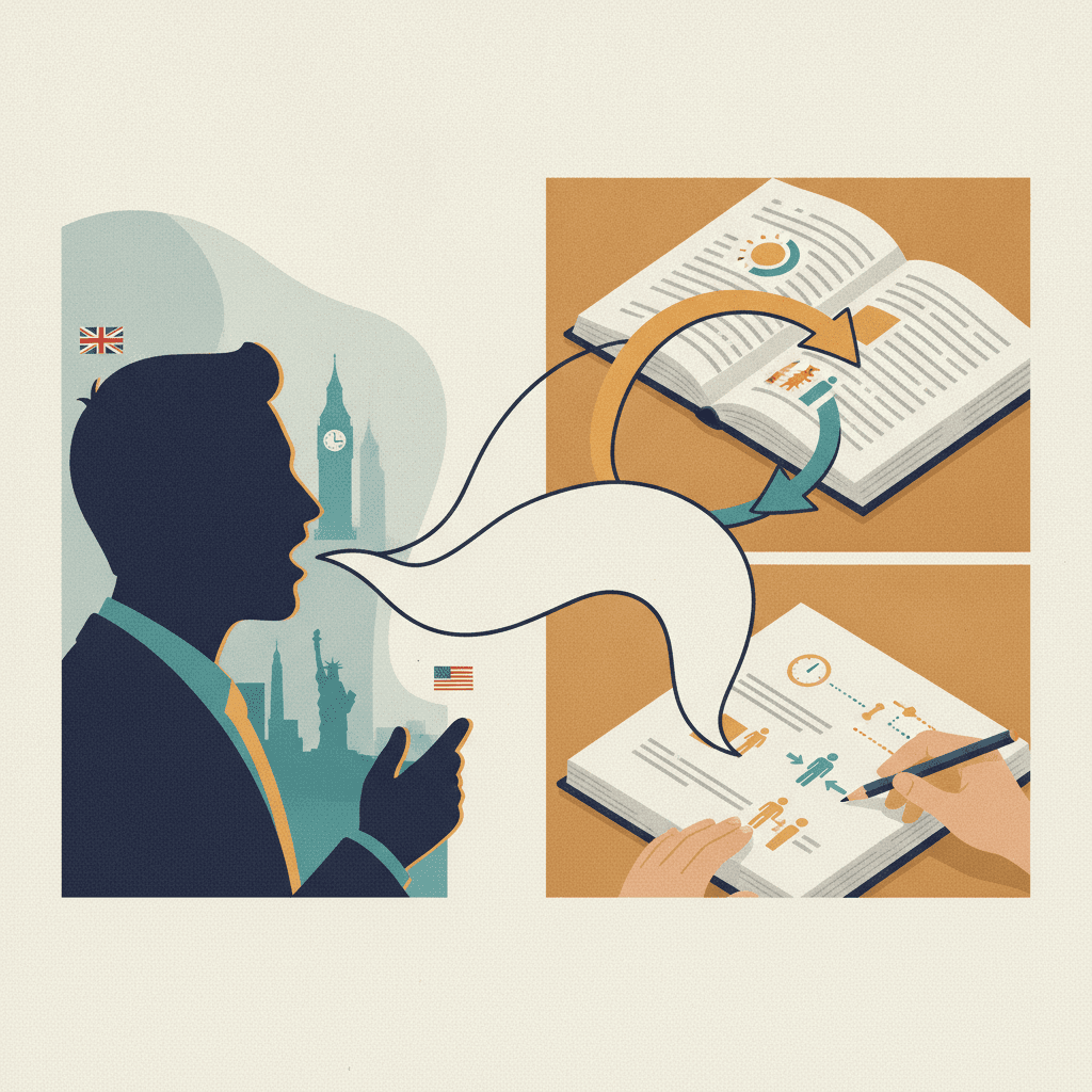 Ilustração editorial dividida mostrando fala direta transformada em discurso indireto com livro, setas e ícones do inglês.
