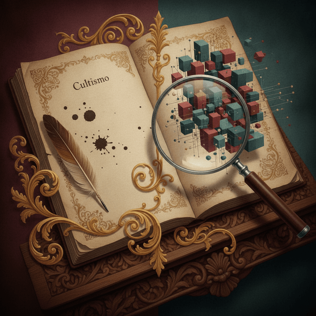 Ilustração editorial close-up de um livro antigo com ornamentos barrocos à esquerda e formas compactas e interligadas à direita, com pena e lupa em destaque.