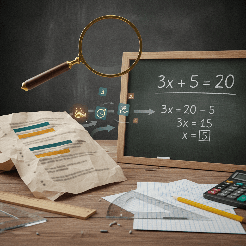 Ilustração editorial mostrando um enunciado transformado em equação do 1º grau, com quadro negro e instrumentos matemáticos.