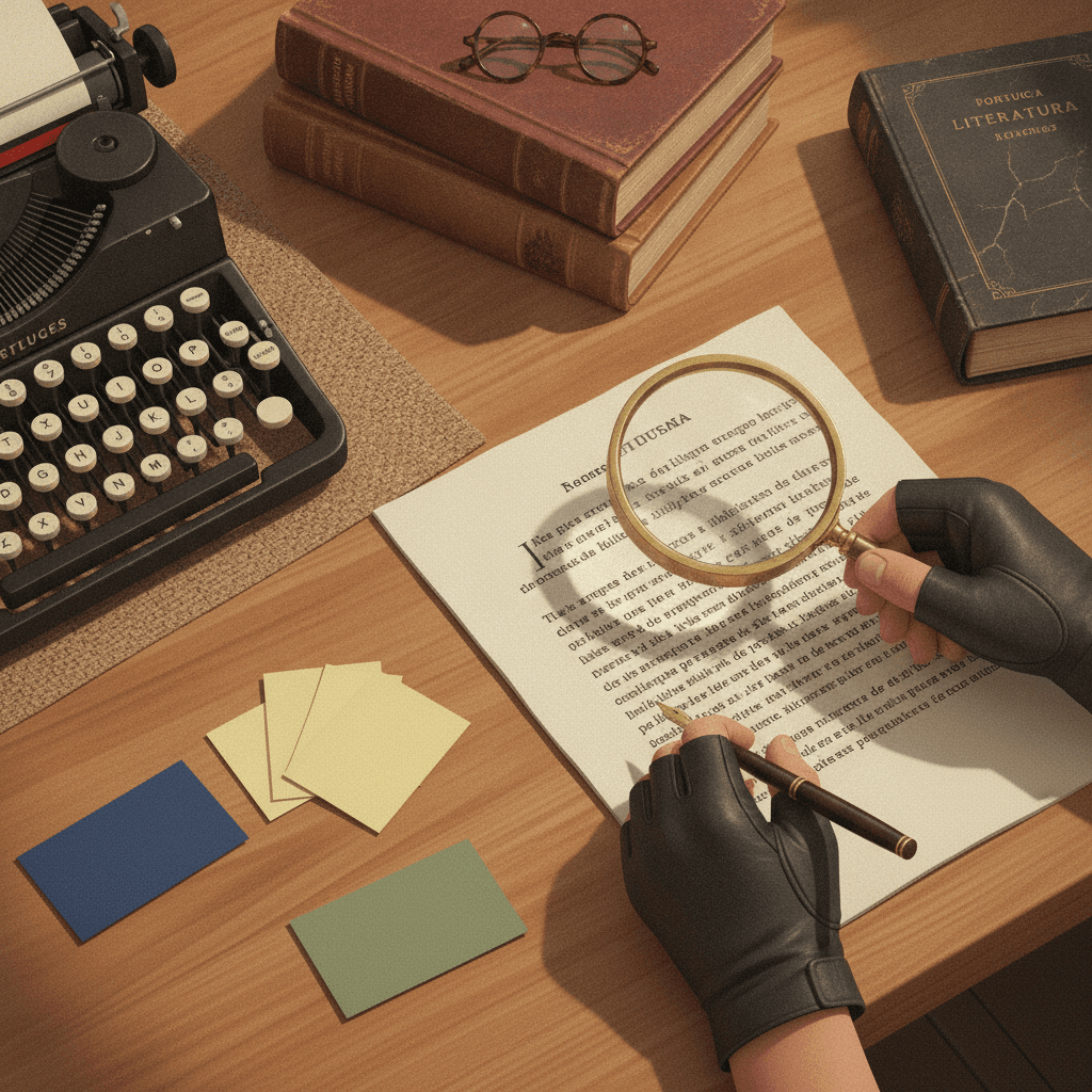 Ilustração editorial de mãos analisando um texto, com lupa, caneta e cartões coloridos indicando tese, argumentos e conclusão.