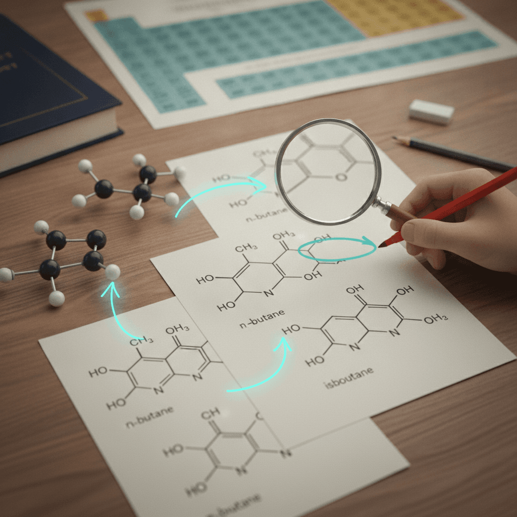 Ilustração editorial mostrando fórmulas estruturais de isômeros, lupa e modelo molecular destacando diferenças para identificar isomeria plana.