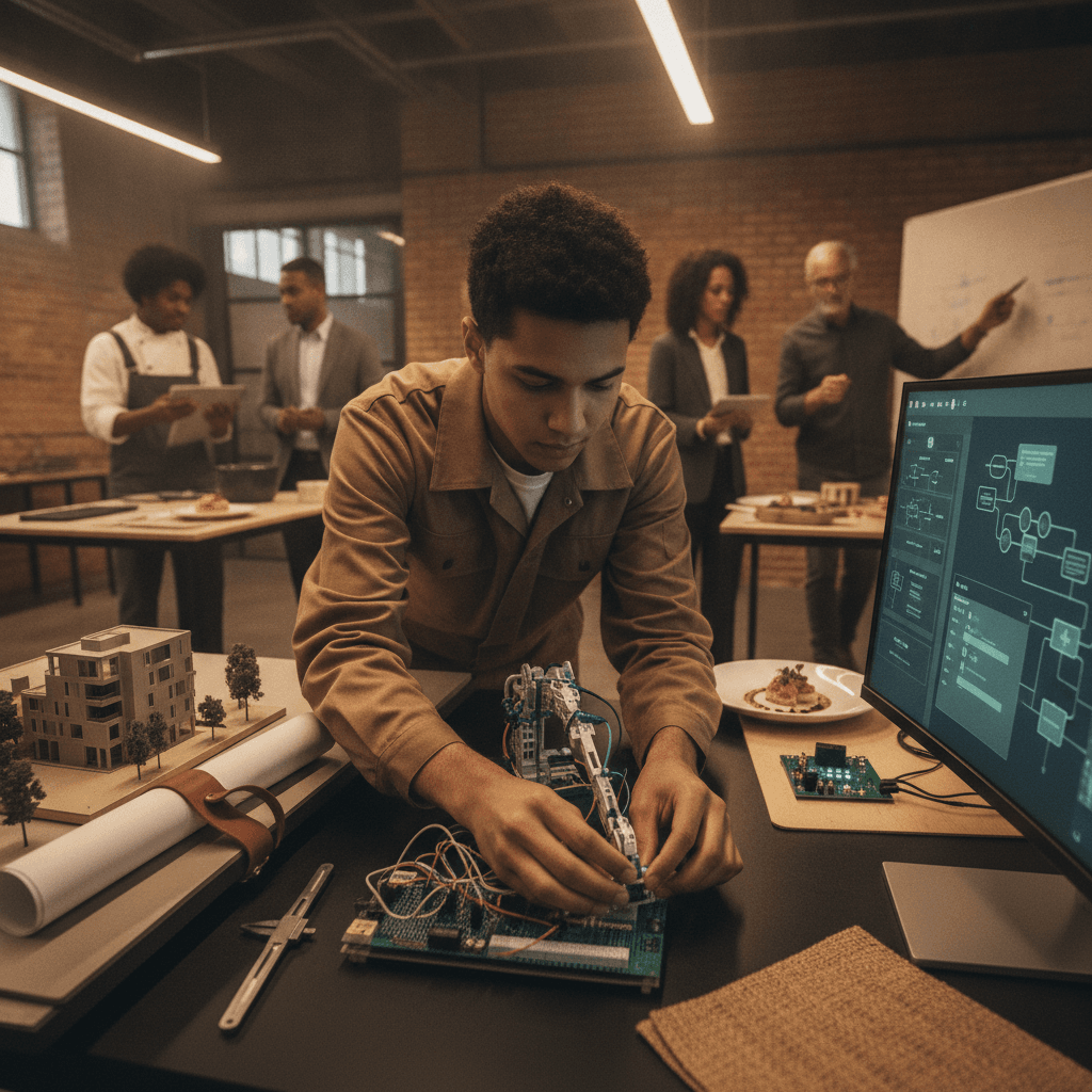 Pessoa experimentando estações práticas de cursos livres (engenharia, culinária e tecnologia) em um estúdio de prova de carreira, com instrutores orientando ao fundo.
