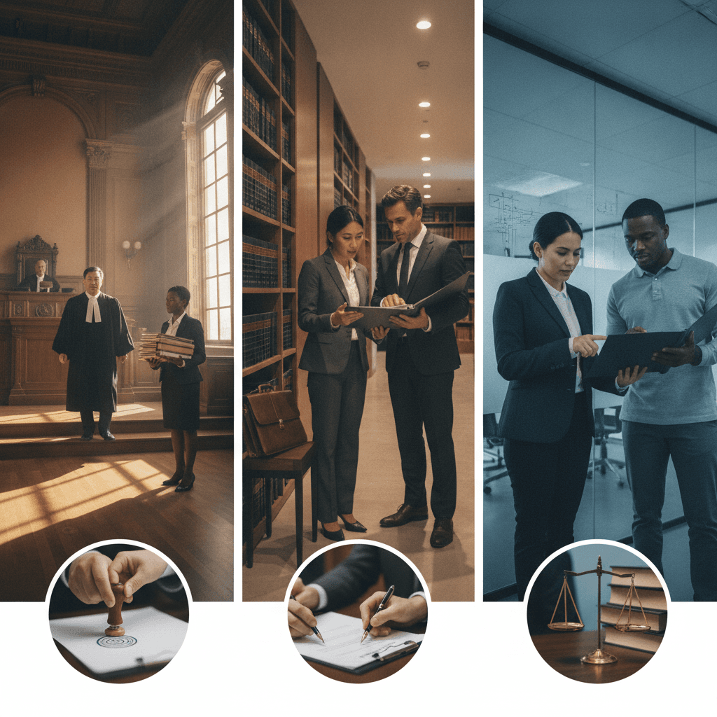 Triptych editorial mostrando rotina no Judiciário, em escritório e em advocacia interna, com profissionais em ação e objetos jurídicos.