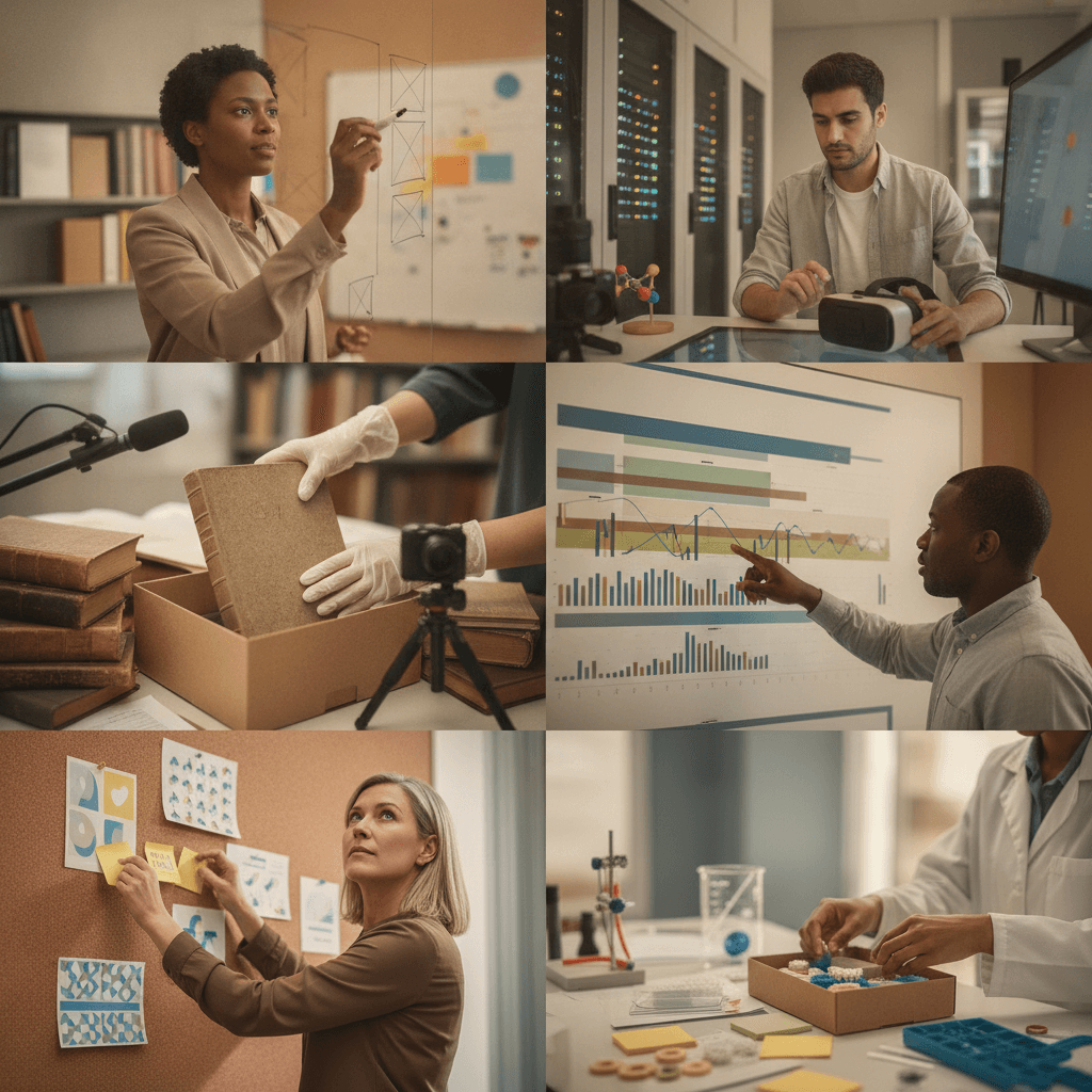 Colagem editorial de profissionais da educação trabalhando nos bastidores: designer instrucional, tecnólogo, bibliotecária, desenvolvedor de currículo, criador de conteúdo e técnico de laboratório.