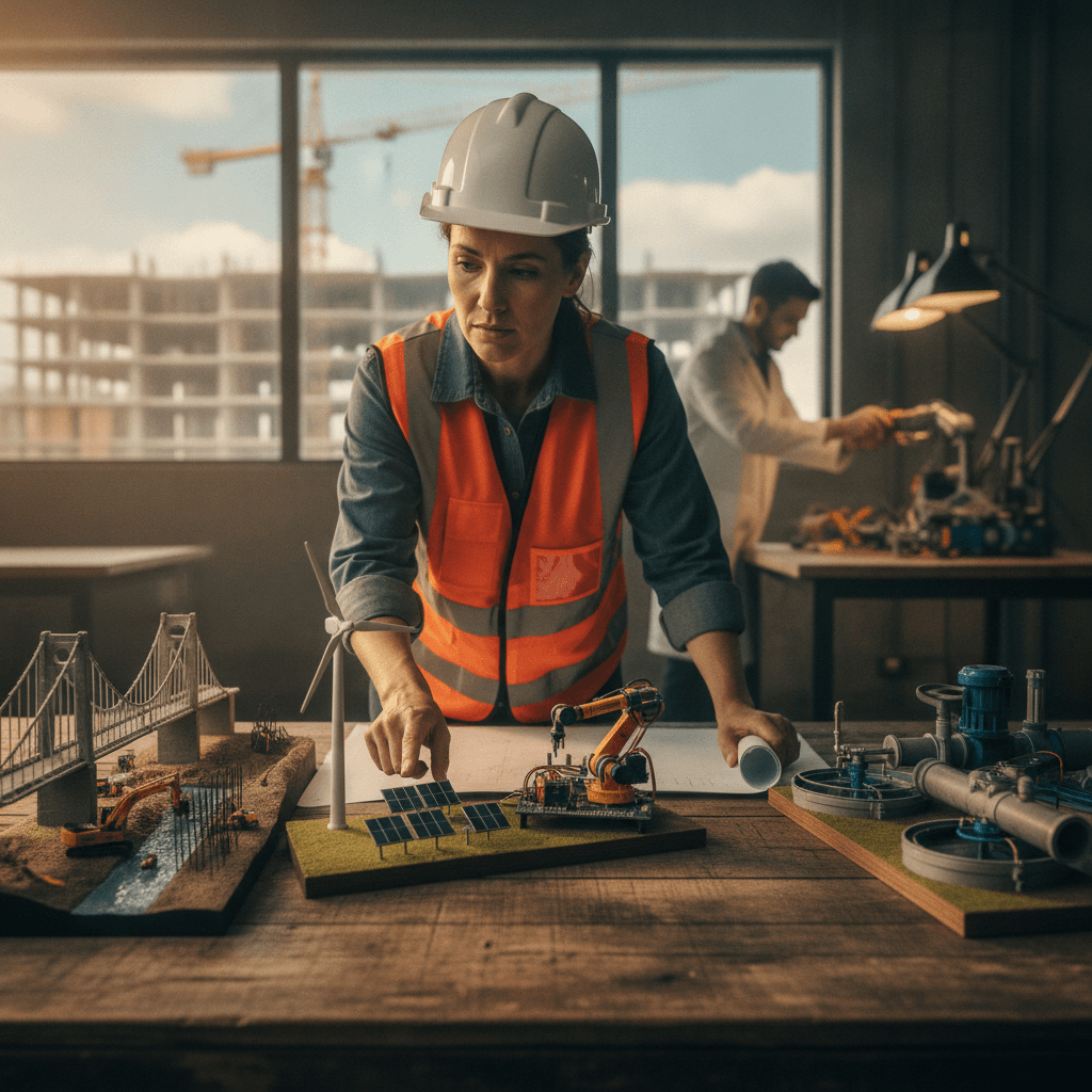 Engenheiro aponta para maquetes de diferentes desafios (ponte, turbina, robótica, tratamento de água) sobre uma bancada.