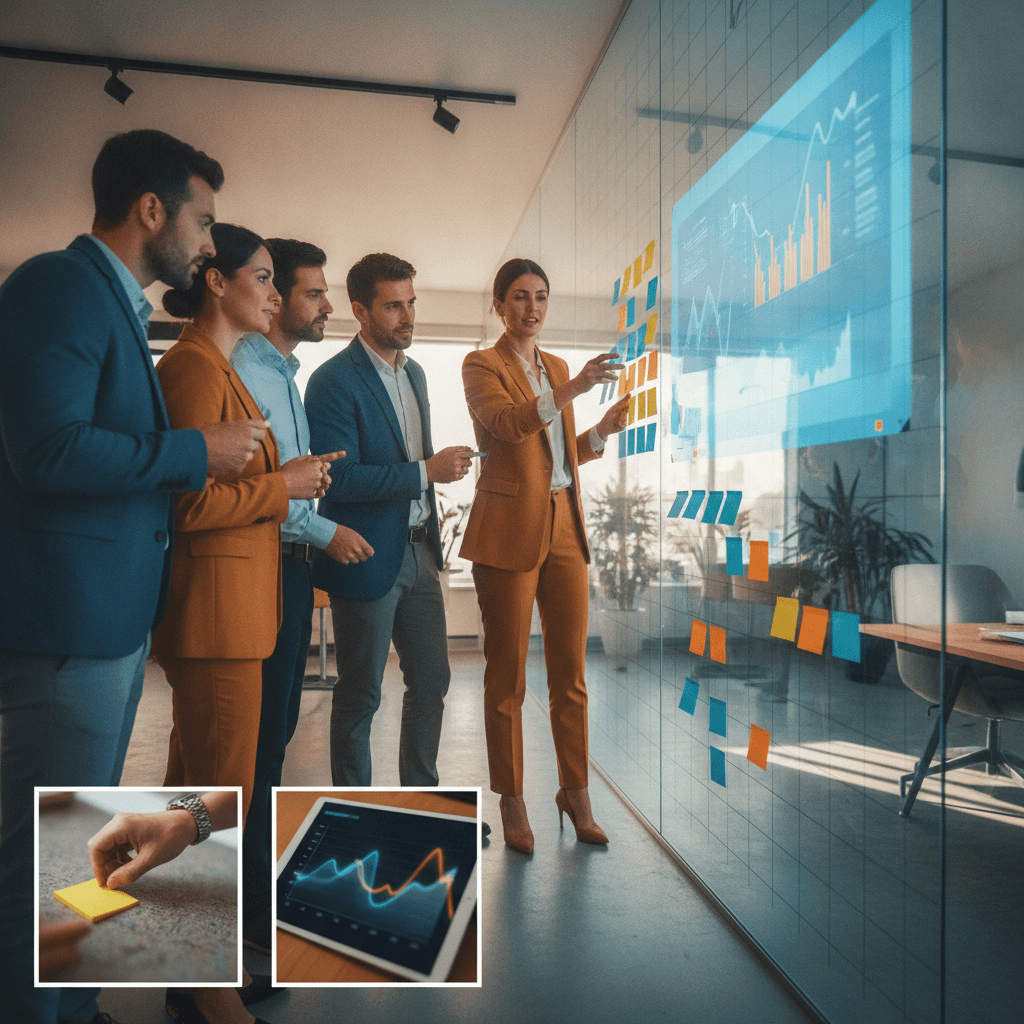 Equipe de gestão em huddle perto de quadro com sticky notes e dashboard, líder apontando e mãos movendo notas.