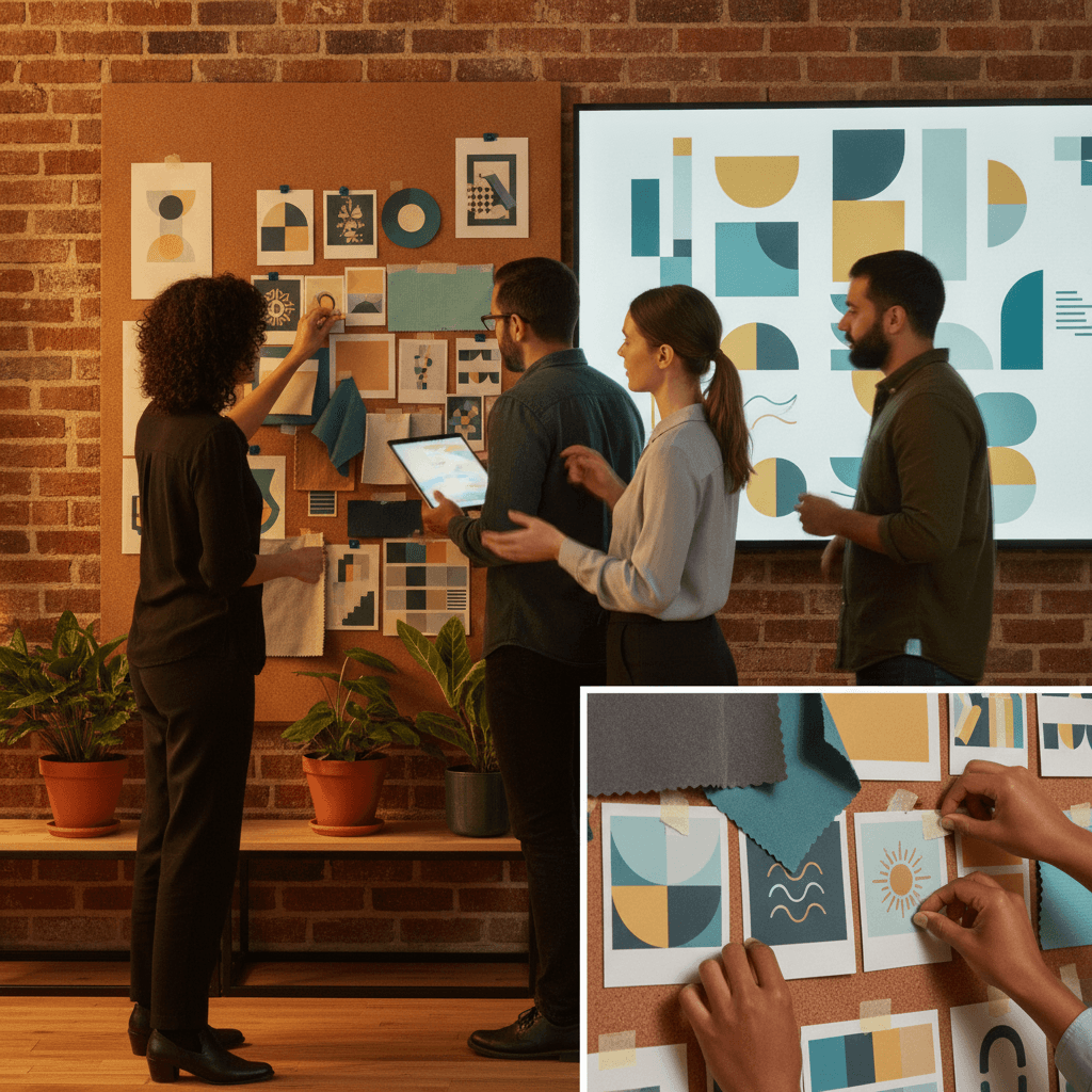 Equipe de marketing em estúdio organizando conteúdo visual gerado pelo público em um painel, em estilo editorial.