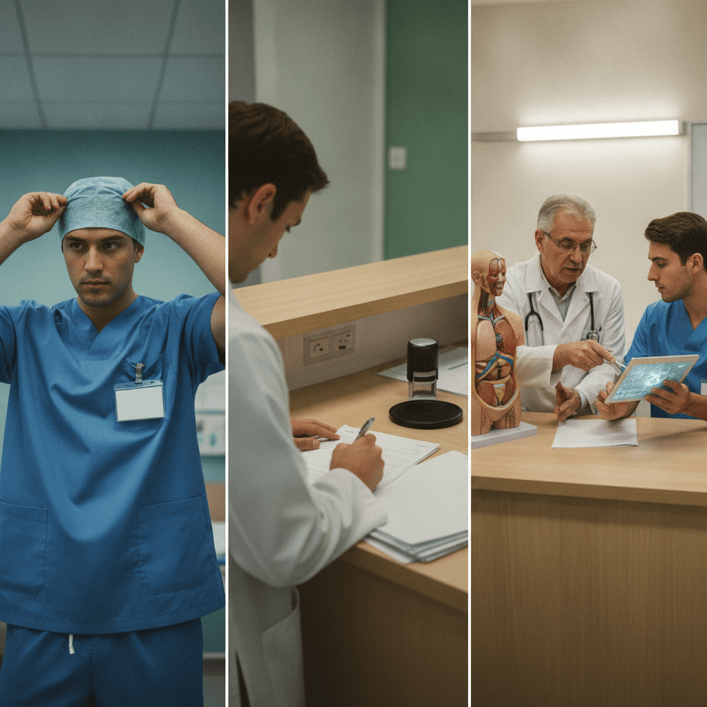 Profissionais de saúde em hospital: residente ajustando touca, recém-formado preenchendo formulário de registro e especialista orientando colega com modelo anatômico.