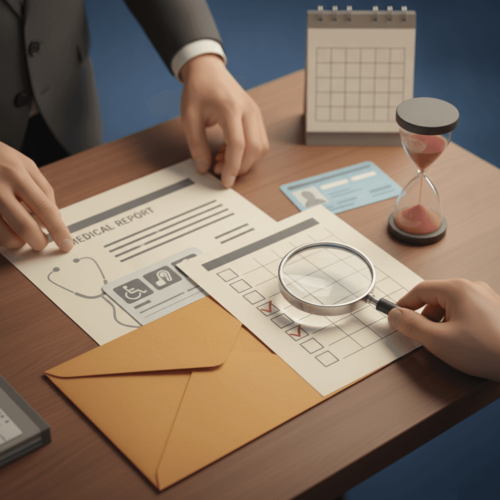 Ilustração editorial de mãos organizando documentos de recurso (laudo médico, cartão de acessibilidade, checklist) com lupa e ampulheta, sugerindo revisão antes do envio.
