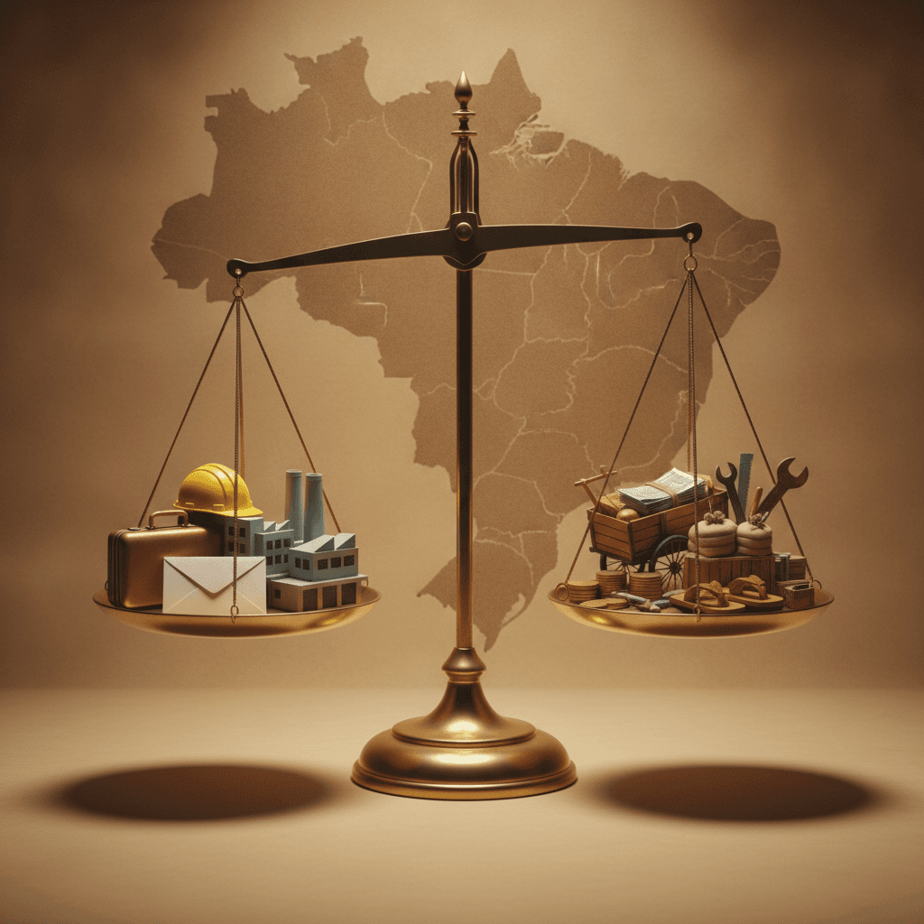 Ilustração editorial de balança sobre mapa do Brasil com símbolos de trabalho formal (mala, capacete) e informal (banca de rua, moedas).