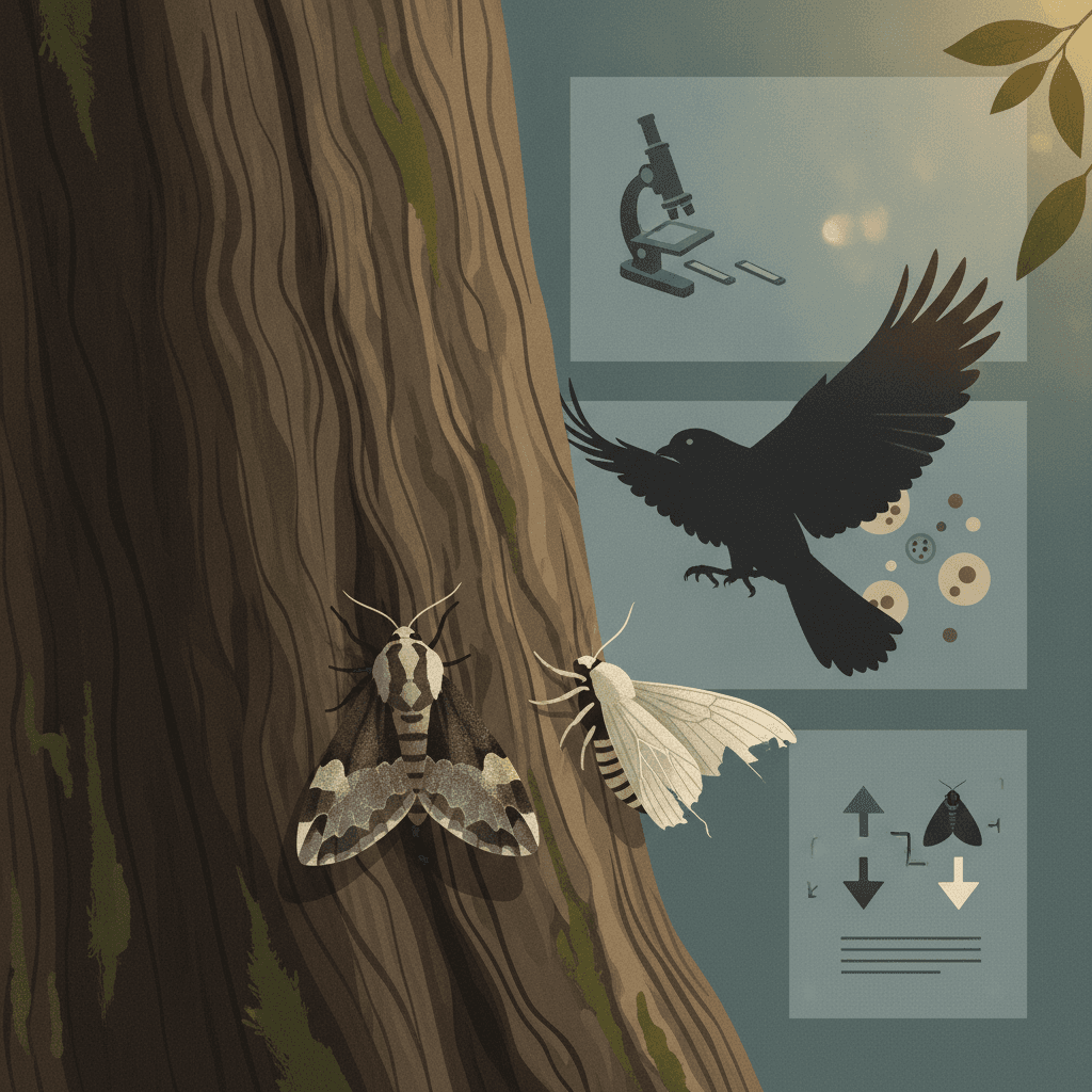 Ilustração editorial mostrando seleção natural: mariposas camufladas no tronco, pássaro predador em silhueta, microscópio e células ampliadas.