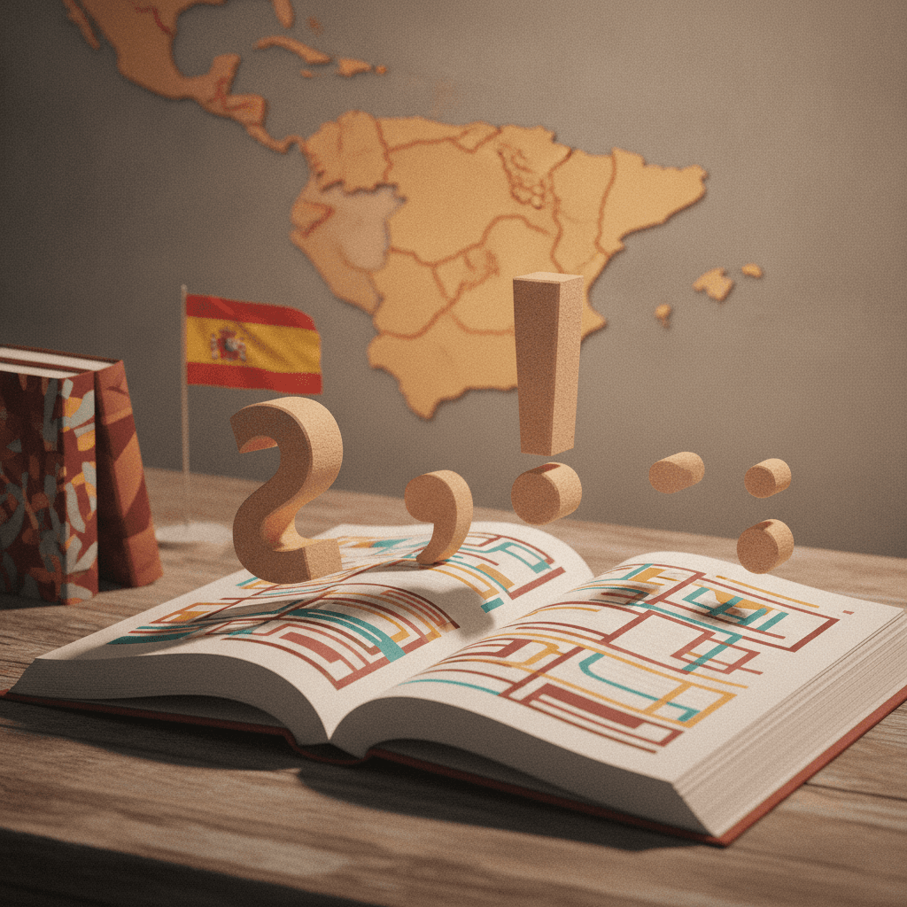 Livro de espanhol aberto com símbolos tridimensionais de pontuação e mapa estilizado da Espanha e América Latina.