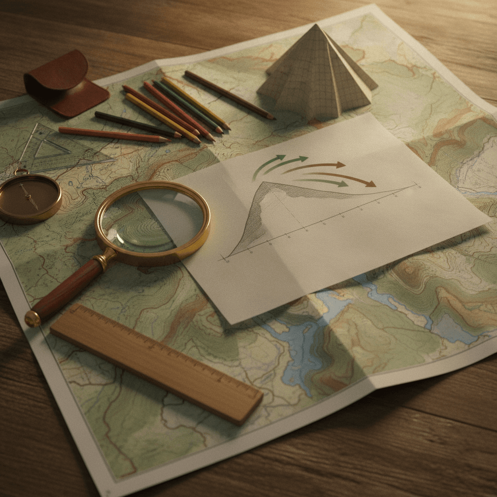 Ilustração editorial de mapa topográfico com curvas de nível, papel vegetal mostrando perfil de relevo, lupa, régua e bússola.