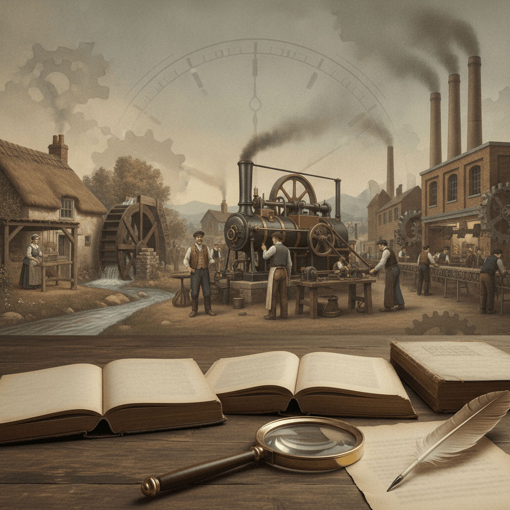 Ilustração editorial panorâmica da Revolução Industrial com sequência: moinho e tear, máquina a vapor, fábrica com chaminés; livros e lupa em primeiro plano.