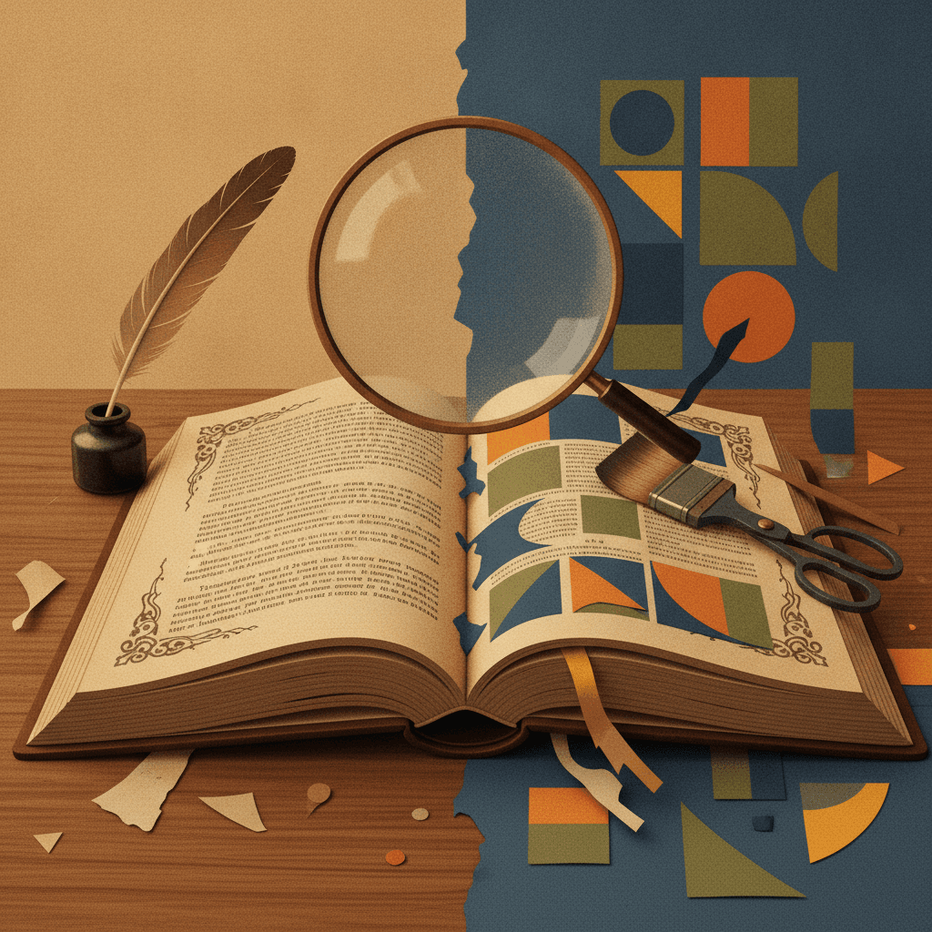 Livro aberto dividido entre literatura clássica e colagem modernista, com lupa mostrando a ruptura.