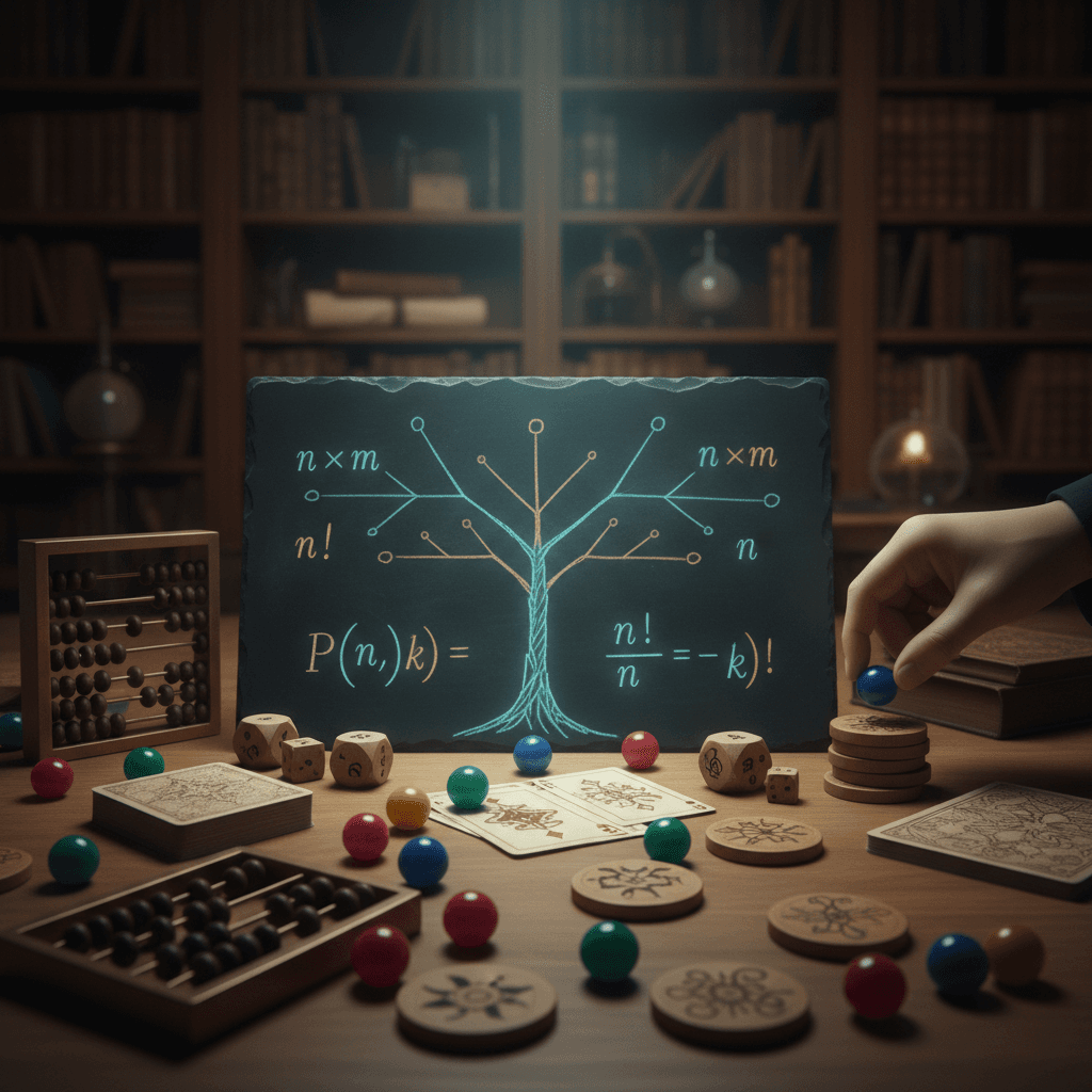 Ilustração editorial de combinatória: diagrama em árvore e fórmulas (n!, princípio multiplicativo) em um quadro, com dados, contas e uma mão ajustando uma peça sobre a mesa.