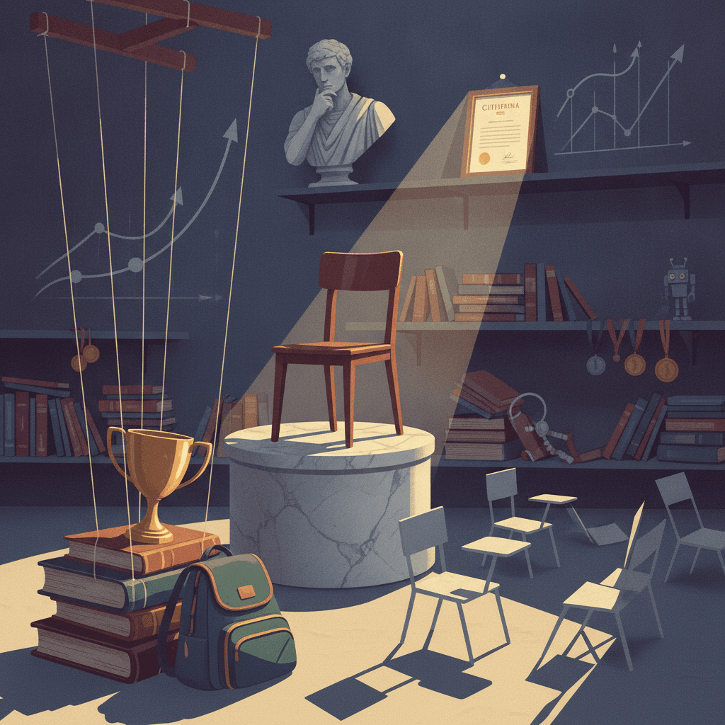Ilustração editorial de escola simbolizando violência simbólica: fios de marionete ligando livros e troféu, cadeiras desiguais e busto de pensador.