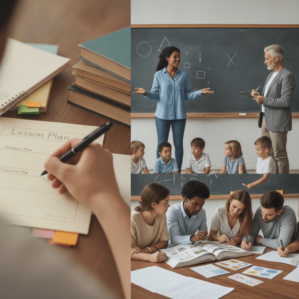 Sala de formação de professores com microaula, mentor observando e mãos escrevendo plano de aula.