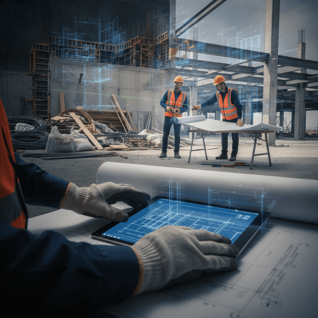 Equipe de engenharia em canteiro, mãos alinhando planta e tablet com esquemas que transformam materiais caóticos em estrutura organizada.