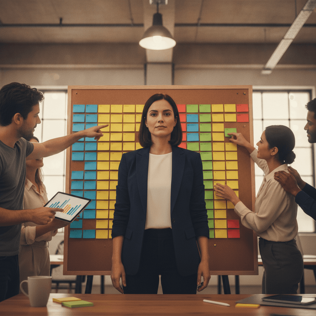 Líder calmo orientando equipe diante de quadro Kanban e tablet com gráficos abstratos, transmitindo ação sem pânico.