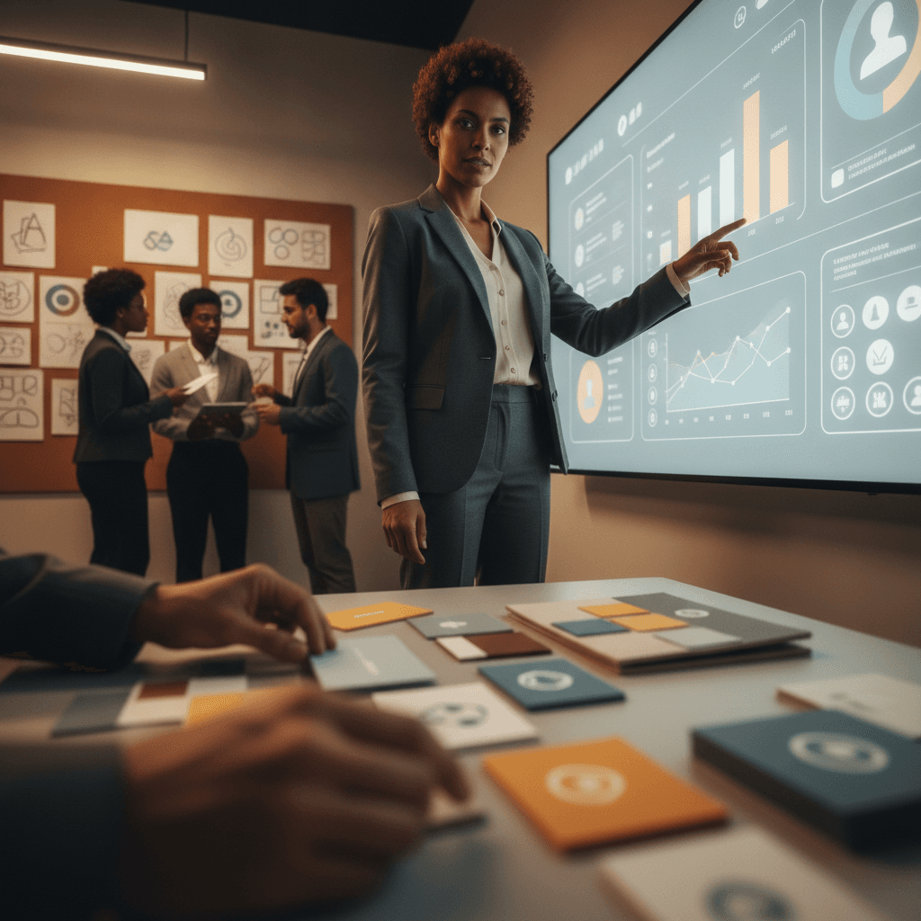 Profissional de marketing apresentando portfólio e painel com gráficos e ícones, destacando posicionamento pessoal (sem texto).