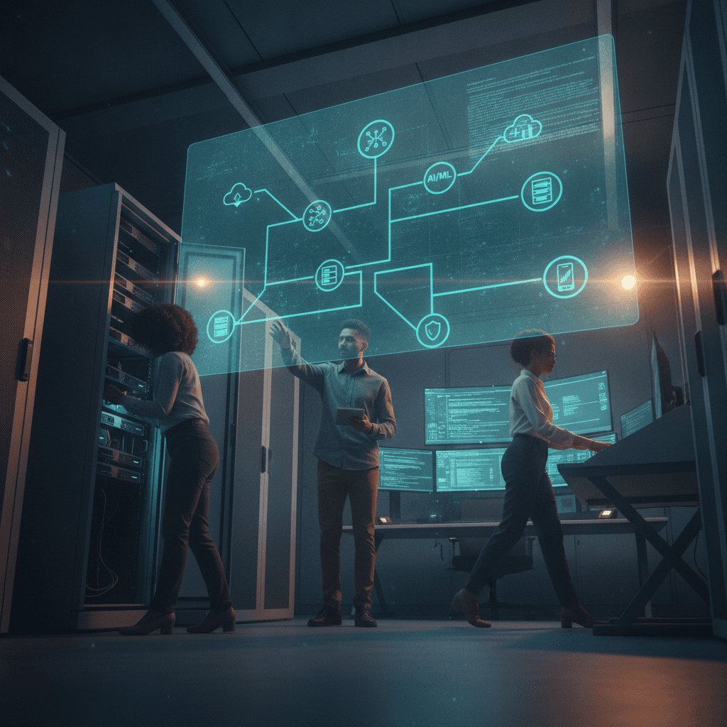 Profissionais de tecnologia interagindo com um mapa holográfico de caminhos de carreira representados por ícones (nuvem, circuito, servidores, escudo, gráfico).