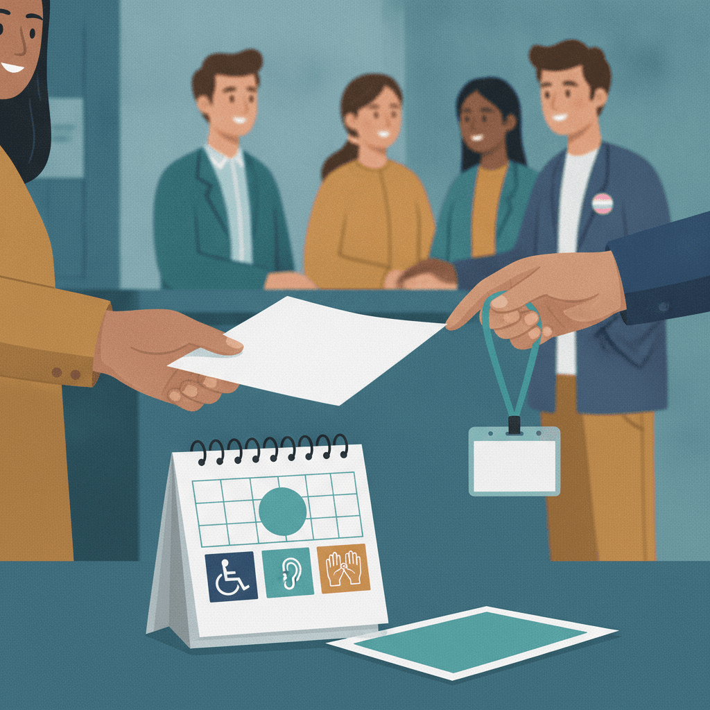 Ilustração editorial mostrando mãos trocando formulário e crachá em branco, calendário sem números e ícones de acessibilidade, representando solicitação de atendimento especializado e nome social para Enade.