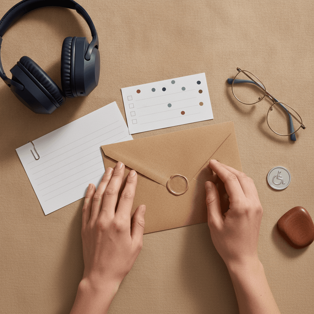 Mãos organizando materiais de prova sobre mesa: envelope lacrado, calendário com pontos, fones, óculos e símbolo de acessibilidade, sem textos visíveis.