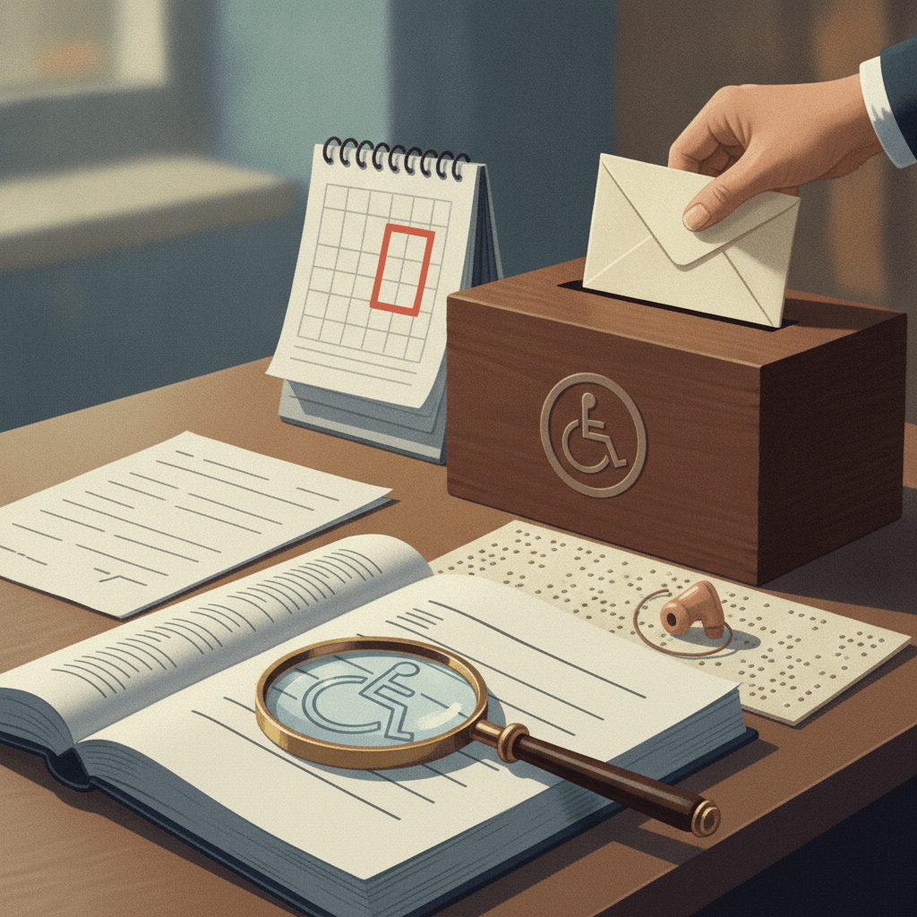 Ilustração editorial de materiais de atendimento especializado do Enem (prova em letra ampliada, folha em braille, aparelho auditivo) e uma mão entregando um envelope de recurso.