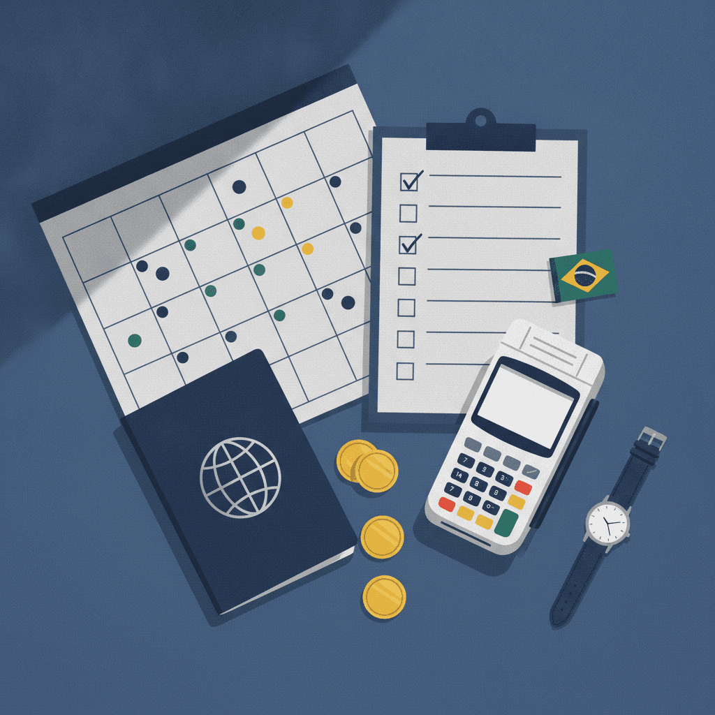 Flat lay editorial com calendário sem números, checklist com caixas marcadas, passaporte neutro, moedas, terminal de pagamento e bandeira do Brasil, mostrando prazos e itens antes de pagar a taxa do Celpe-Bras.