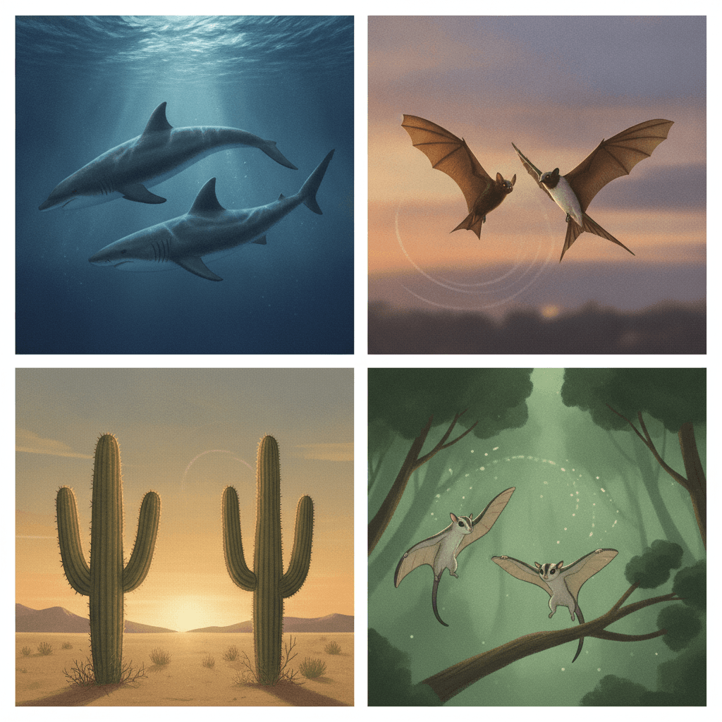 Ilustração editorial com pares de espécies mostrando evolução convergente: golfinho e tubarão; morcego e andorinha; cacto e euphorbia; esquilo-voador e petauro-do-açúcar.