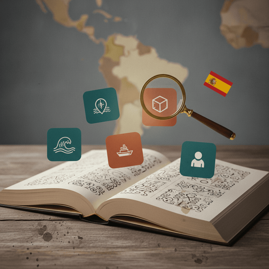 Ilustração editorial: livro de gramática espanhol aberto com cartões pictográficos e lupa sobre mapa estilizado da Espanha/América Latina.