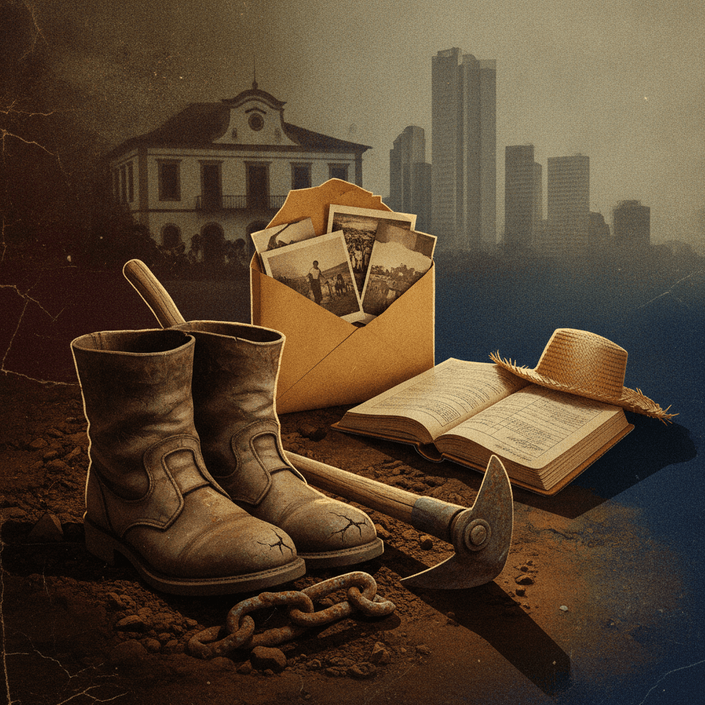 Botas de trabalho gastas, corrente quebrada, contratos e fotografias antigas sobre terra, com silhuetas de uma fazenda e um skyline moderno ao fundo, simbolizando desigualdades pós-abolição.