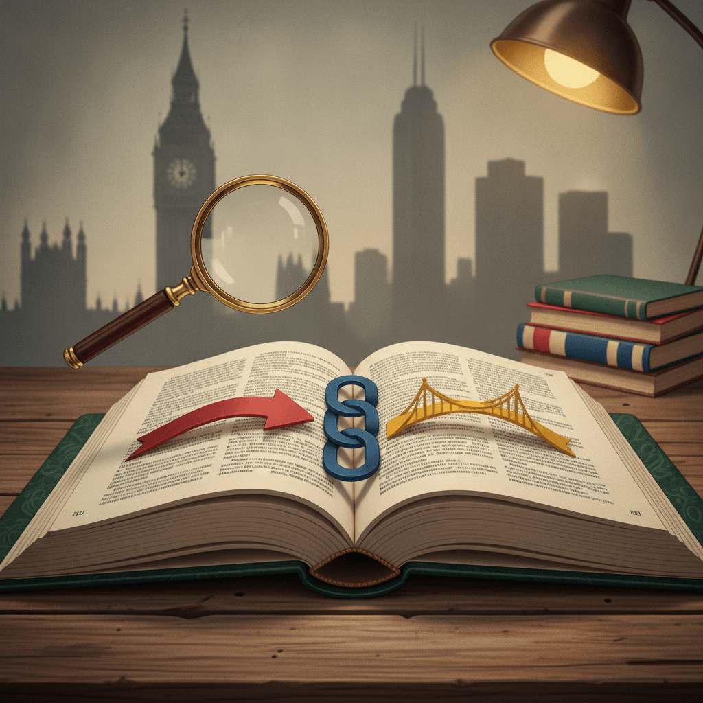 Ilustração editorial de livro de gramática inglesa com três marcadores simbólicos e lupa, fundo com silhuetas de Londres e Nova York.