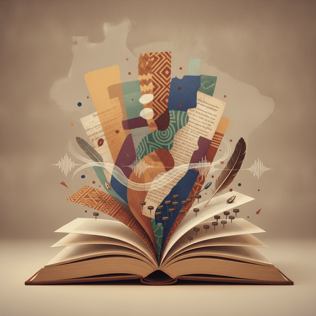 Ilustração editorial de um livro aberto cujas páginas se transformam em padrões indígenas e afro-brasileiros, ondas sonoras e manuscritos históricos.