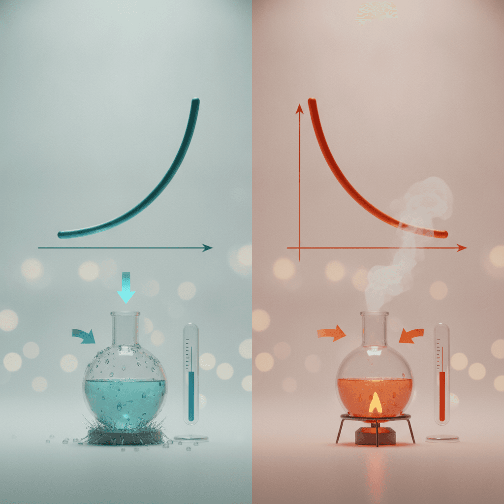 Ilustração editorial dividida: à esquerda reação endotérmica com curva de energia subindo, tons frios, frasco frio e seta azul indicando absorção de calor; à direita reação exotérmica com curva descendo, tons quentes, chama e seta laranja indicando liberação de calor. Sem texto.