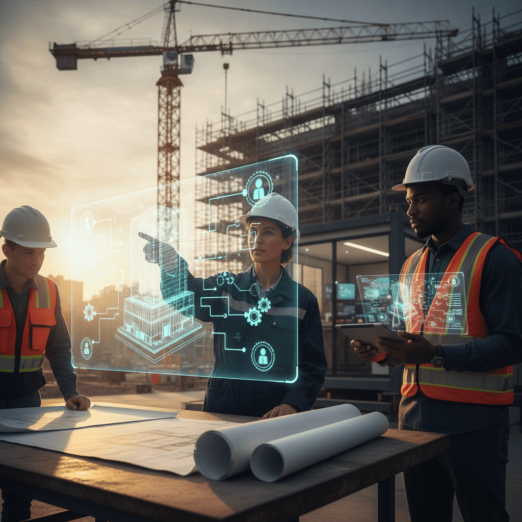 Equipe diversa de engenheiros no canteiro interagindo com um holograma que integra modelo 3D, fluxos e dados.