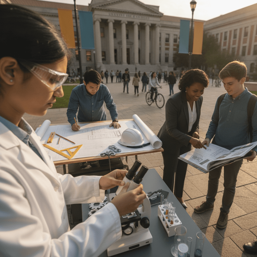 Cena de campus com alunos testando carreiras: laboratório, oficina e mentoria.