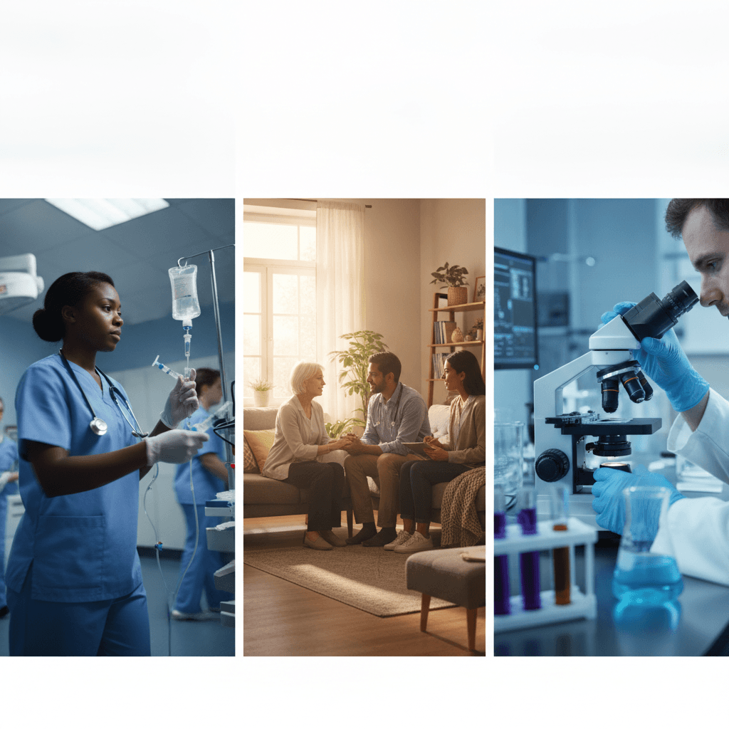 Montagem editorial mostrando três rotinas da saúde: enfermeira na emergência, médico em visita domiciliar e técnico de laboratório ao microscópio.