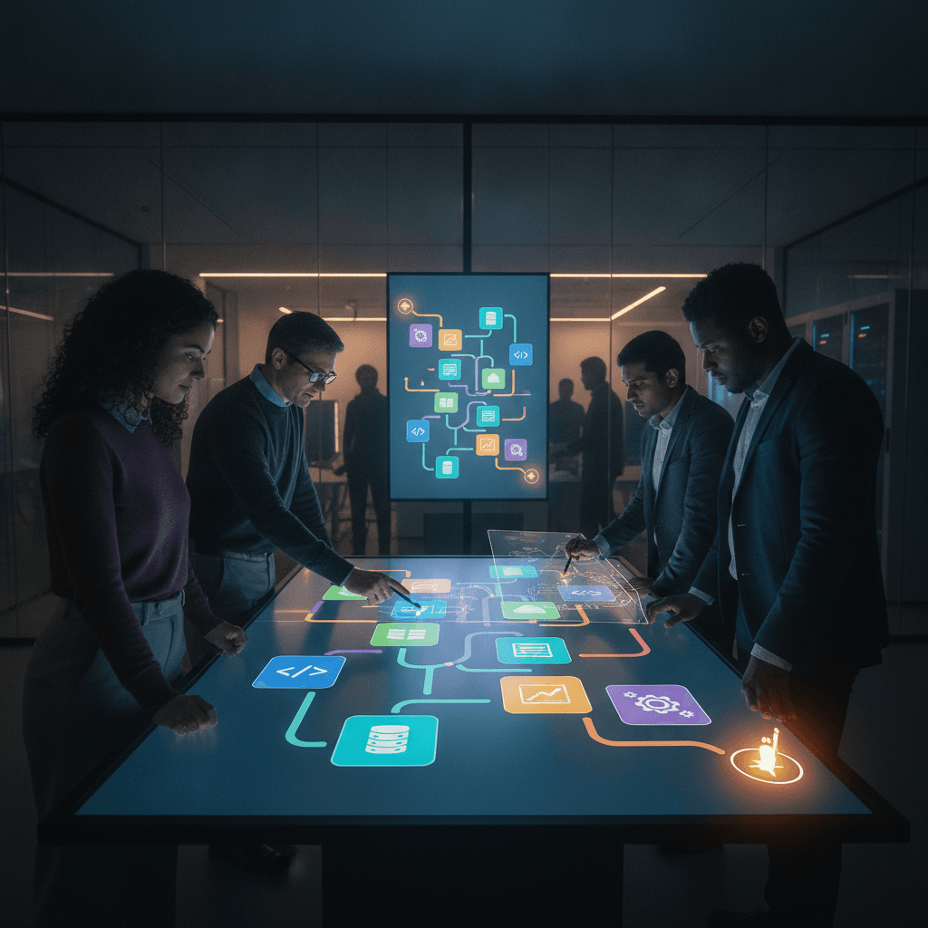 Profissionais de tecnologia interagem com um mapa visual de carreiras em uma mesa de toque, com zonas coloridas e ícones, destacando um ponto de partida.