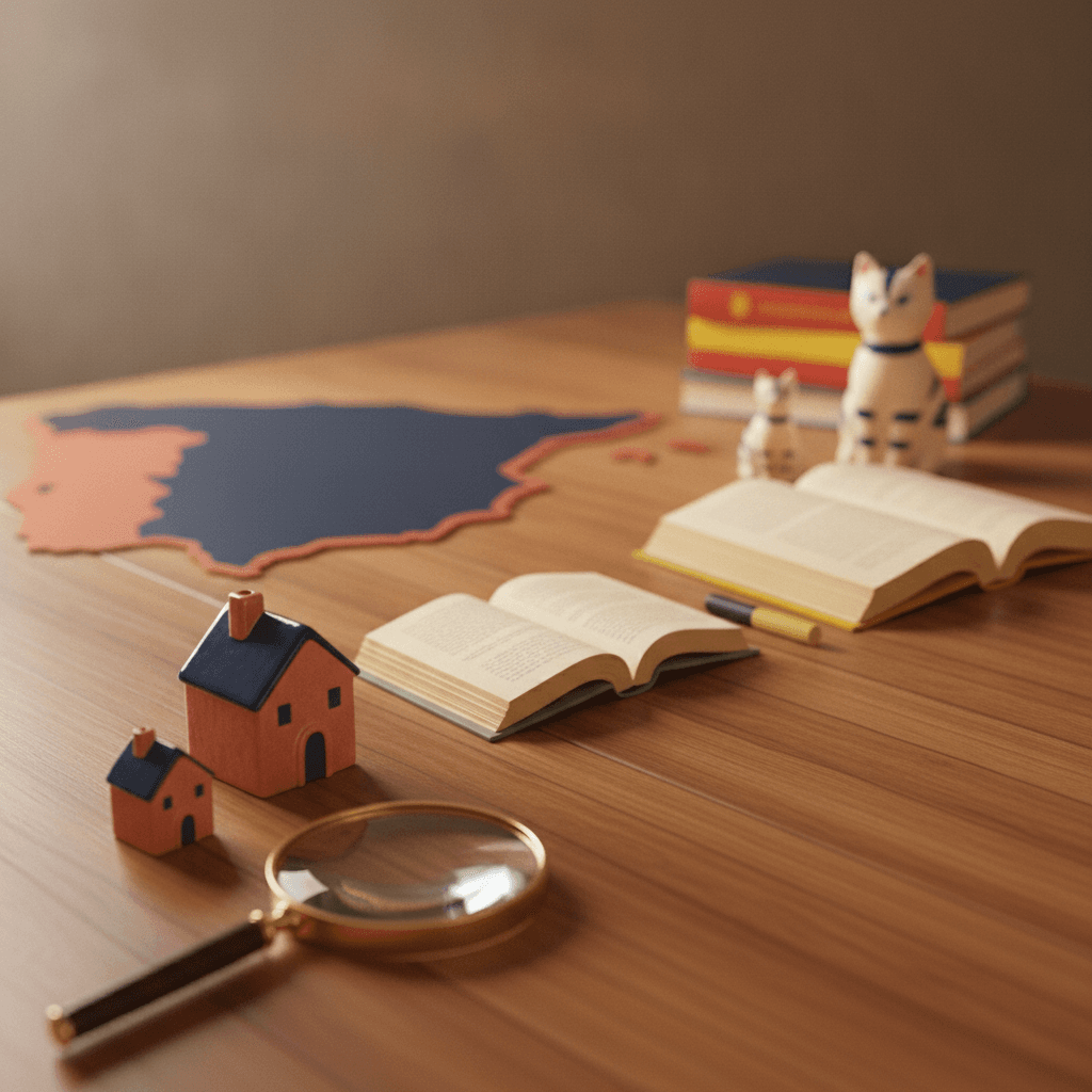 Ilustração editorial com pares de objetos (pequeno e grande), mapa da Espanha e livros com cores da bandeira, representando diminutivos e aumentativos em espanhol.