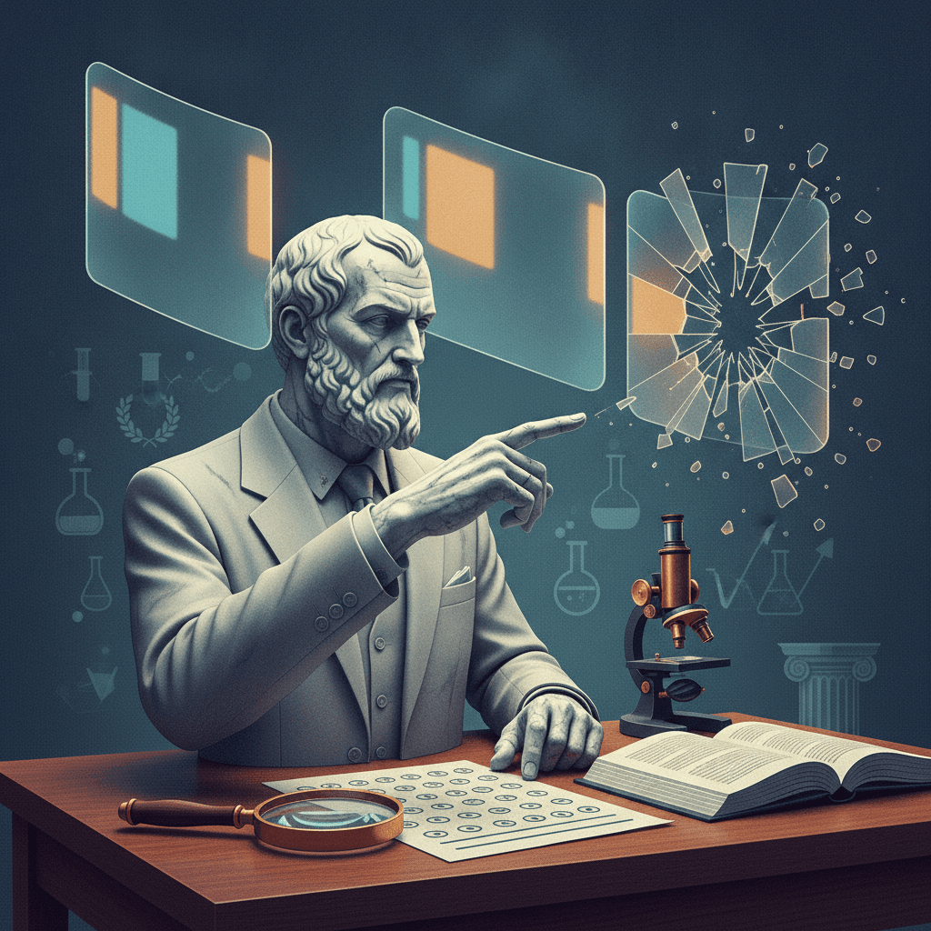 Ilustração editorial de Popper estilizado apontando para painéis de hipóteses onde uma está refutada, com lupa, microscópio e prova do ENEM sobre a mesa.