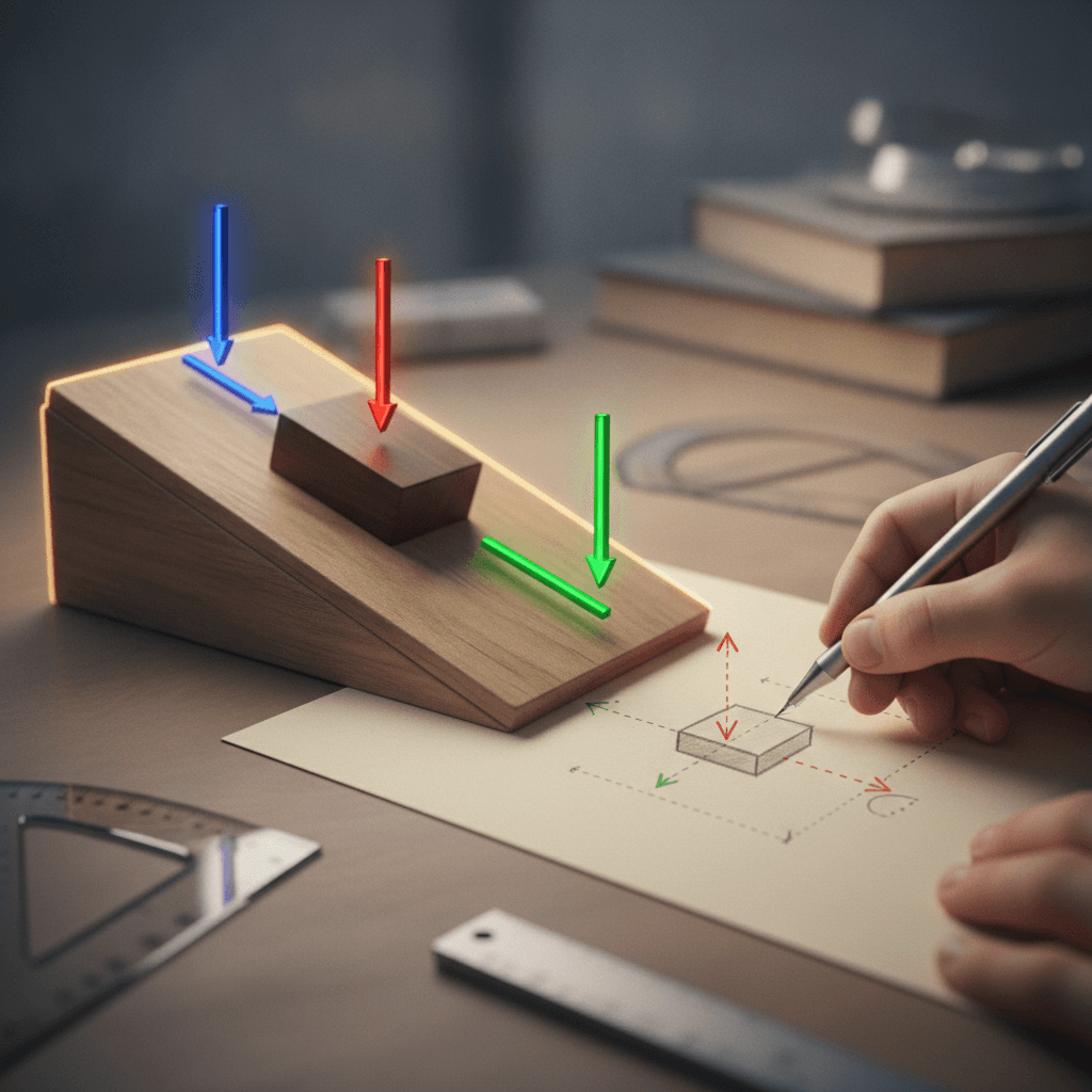 Plano inclinado com bloco e setas de forças ao lado de mão desenhando diagrama de forças, sem textos.