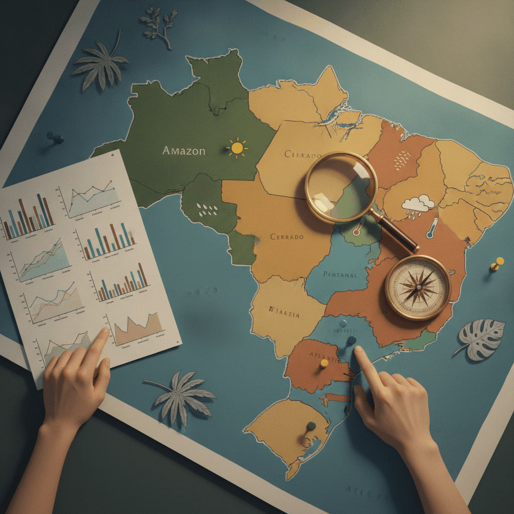 Ilustração editorial: mapa do Brasil com zonas climáticas coloridas, climogramas sem números, lupa e bússola sobre a mesa.