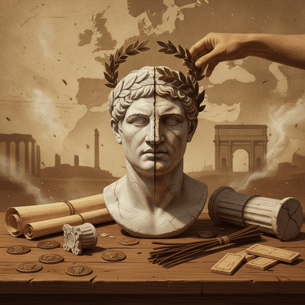 Ilustração editorial com objetos romanos (busto dividido, coroa de louros, moedas, rolos de papiro, cadeira curul quebrada) simbolizando a transição da República ao Império.