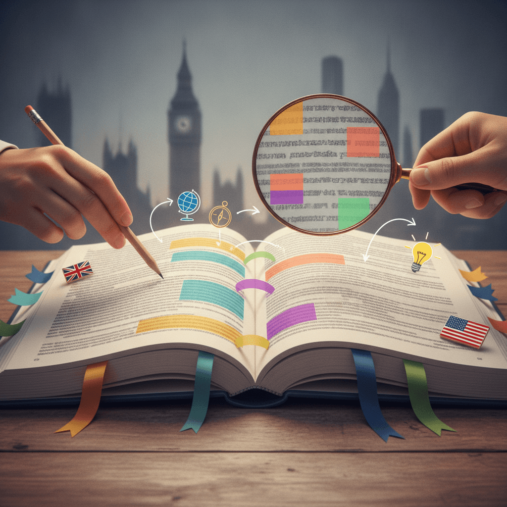 Livro aberto em inglês com lupa, marca-textos coloridos, abas e silhuetas de Londres e Nova York ao fundo, simbolizando leitura estratégica sem tradução.