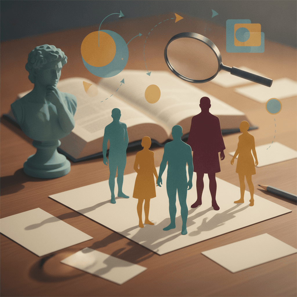 Ilustração editorial com silhuetas translúcidas representando tipos ideais de Max Weber sobre mesa com busto clássico, livro aberto, lupa e diagramas abstratos.