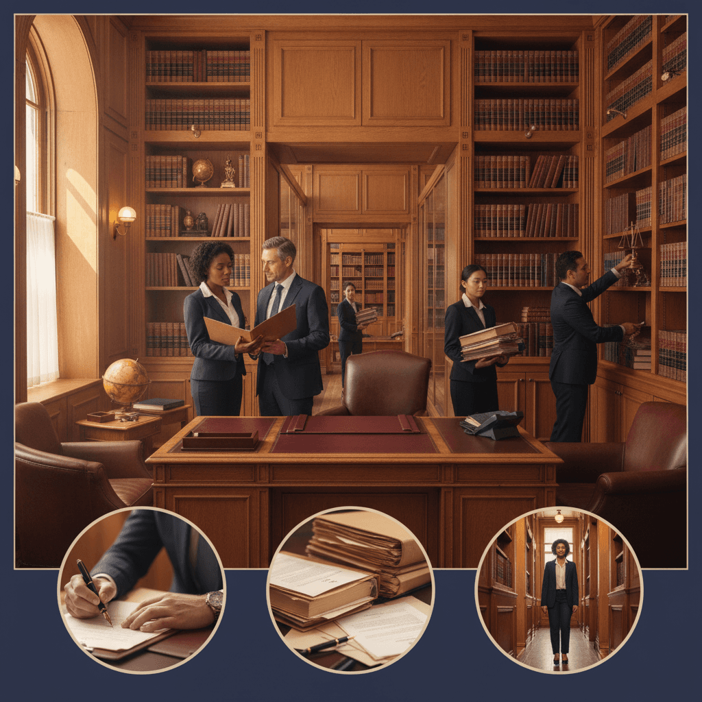 Ambiente interno de escritório de advocacia boutique com advogados e assistentes em ação, prateleiras de livros jurídicos e detalhes elegantes.